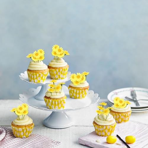40PCS Small Daisy Branch Cupcake Toppers Artificial 3D Yellow Daisy Cake Toppers for Yellow Daisy Girls Birthday Baby Shower Flower Party Centerpiece Table Decorations Supplies - color: Yellow