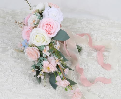 Blush Pink Wedding Bouquets for Bride,10 Inch Fake Cascading Bridal Bouquet Silk Faux Flowers for Ceremony Anniversary Wedding Bridal Shower(Light Pink) - color: Light Pink