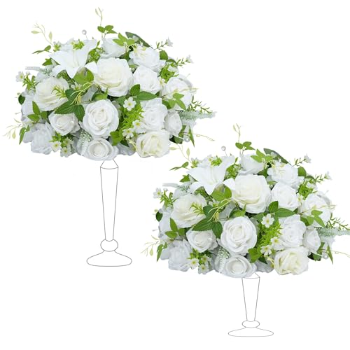 2pcs 15inch Centerpieces Table Decorations White & Green Artificial Flowers Roses Balls for Wedding Centerpiece Party Bouquet Faux Floral Arrangement (Without Stand) - color: 2pcs 15'' White Green