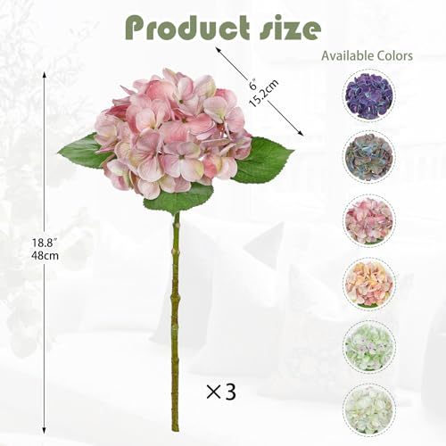 Pink Artificial Hydrangea Flowers 18.8 Inch Long with 6 Inch Full Realistic Bloom Lifelike Silk Faux Hydrangea Stems for Wedding Bouquet, Table Centerpieces, Party Decor, Home Indoor Decoration - color: Greyish Pink
