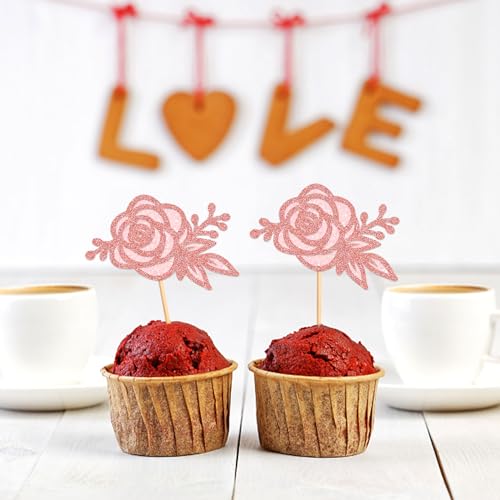 24Pcs Glitter Pink Rose Flower Cupcake Topper Double Layers Roses Flowers Cupcake Picks for Floral Bridal Shower Wedding Anniversary Mother's Day Valentine's Day Floral Birthday Cupcake Decoration - color: Pink Rose