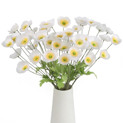 10 Pcs White Artificial Poppy Flowers with 40 Heads Lifelike Silk Fake Poppies for Vase Faux Poppies Flowers for Spring Wedding Home Table Centerpiece Baby Shower Veterans Day Decor (White) - color: White