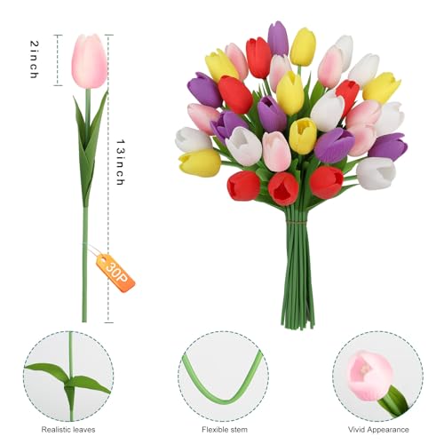 Artificial Tulips Flowers Fake Latex Tulip Stems - 30pcs Real Touch Faux Multicolor Tulips Flower for Easter Spring Wedding Bouquet Centerpiece Floral Arrangement Cemetery Table Decor - color: Multi-color01