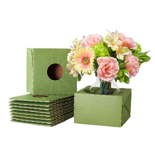 Holiday Designs - Pop-Up Florist Delivery Box, Heavy Duty Corrugated Cardboard Vase Boxes for Secure Floral Arrangements During Transport, 8 x 8 x 5 (Green, Large: 10 Pack) - color: Green, size: Large: 10 Pack