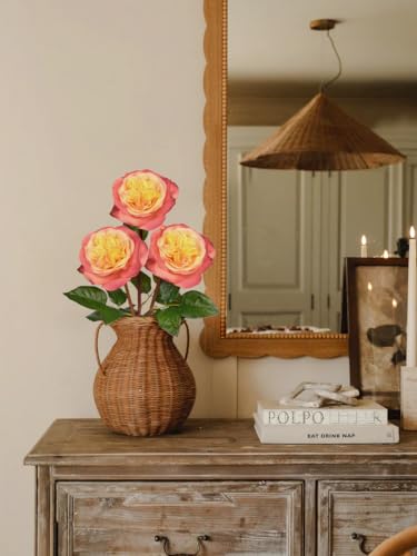 Artificial Roses - Set of 3 Long-Stem Real Touch Silk Roses, 24.4" Faux Flowers for Home Decor, Wedding Bouquets, Centerpieces & Floral Arrangements – Lifelike Yellow Pink Fake Roses - color: Yellow Pink