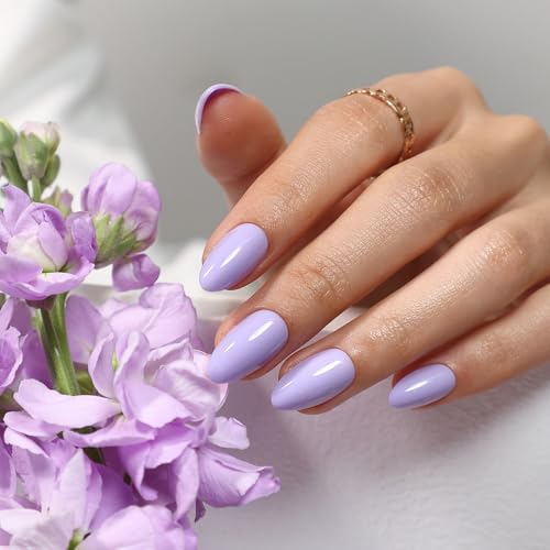 32Pcs Soft Gel Press on Nails for Women, Lilac Lavender, Short Almond | Solid Color Glossy False Fake Nails Press Ons for Office Daily Wear, Salon Quality Reusable Glue & Stick on Nail Gift Kit - color: 3G-Lilac Lavender