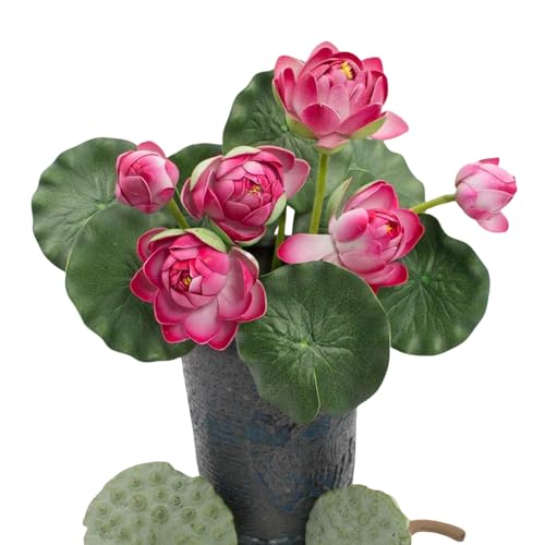 2Pcs Artificial Lotus Flower Decor, 12.5inch 7 Head Water Lilies, Outdoor Pond Plants, Silk Artificial Flower Lotus, Household Living Room and Dining Table Decoration (Red) - color: Red