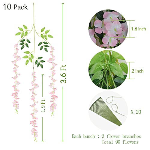 BLEUM CADE 10Pcs Pink Fake Wisteria Hanging Flowers, 3.6Ft/Pcs Artificial Wisteria Garland, Hanging Flowers for Wedding Party Home Backdrop Wall Decoration - color: Pink, size: 10pcs