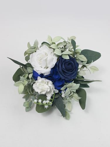 Rinlong Navy Blue Bridesmaid Bouquet for Wedding, Prom, Homecoming | Silk Bridal Bouquet, Destination Friendly - color: 21-blue & Sage
