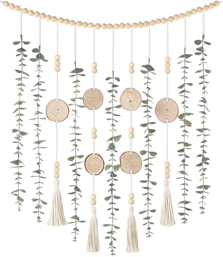 Dahey Hanging Artificial Plant Eucalyptus Wall Decor 31'' Wooden Bead Garland with Fake Greenery Leaves Boho Rustic Farmhouse Wall Art for Bathroom Office Living Dining Room Bedroom Kitchen Decoration - size: 31 inches