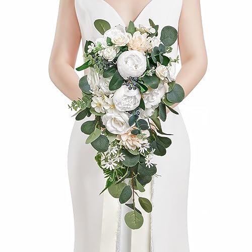 Serwalin 9.8 Inch Wedding Bouquets for Bride Bridesmaid, Forest White Peonies Bridal Bouquets for Bride, Wedding Flowers Bouquet Tossing Bouquet, Wedding Ceremony and Anniversary Day Decor - color: Bright Forest White
