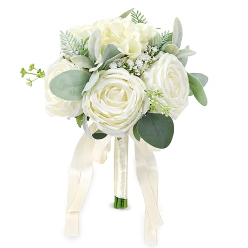 Wedding Bouquets for Bride Bridesmaid 8.5 Inch Ivory White Artificial Roses Flowers Bridal Bouquets for Bride Wedding Marriage Proposal Party Church Decoration - color: Ivory White