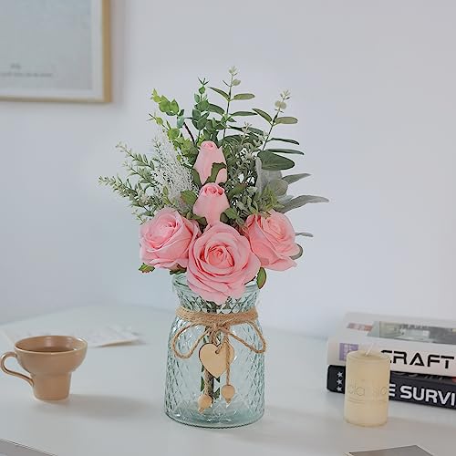 Faux Flowers with Vase,Artificial Silk Roses in Vase, Fake Plant Eucalyptus Flower Arrangement for Home Office Farmhouse Bathroom Dining Table Centerpiece Decorations Coffee Table Decor (Pink) - color: Pink