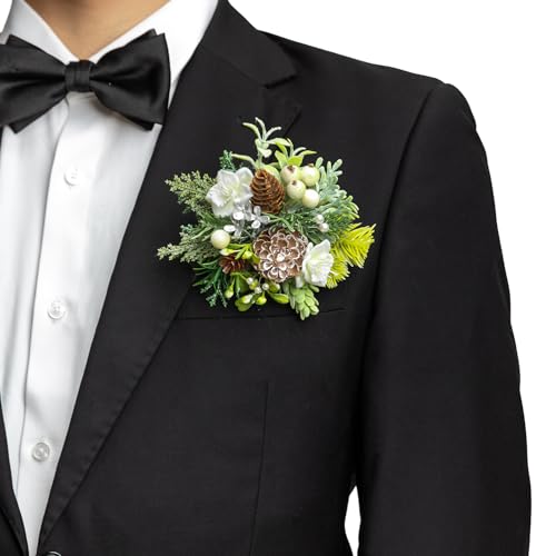 TINGE TIME Single Pocket Boutonniere for Man Groom, Best Man Boutonniere for Wedding, Prom, Homecoming, Anniversary, Graduation, Christmas Dinner (Christmas White) - color: Xmaswhite