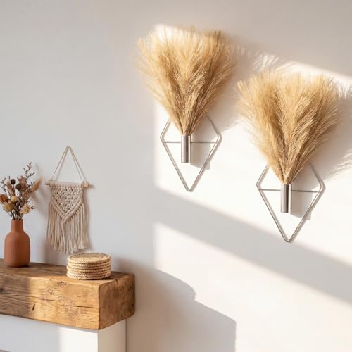 Canlierr 2 Pieces Boho Wall Decor Hanging Planters with Artificial Plants Metal Hanging Vase Indoor Plants Holder Modern Wall Art for Bathroom Bedroom Living Room Decor, Silver, Pampas Grass - color: Silver, size: Pampas Grass