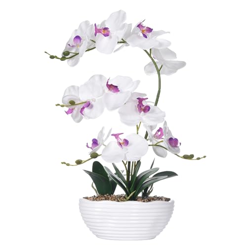 19" H Phalaenopsis Faux Orchid Plant Silk Orchid Centerpiece Artificial Floral Arrangement in Ceramic Pot (White) - color: White