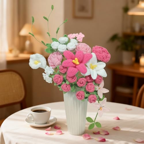 Crochet Flowers Bouquet,Handmade Luxurious Knitted Rose Tulips,Artificial Flower Bouquet for Her, Wife,Lover ,Girlfriend ,Mother, Anniversary,Graduation,Friends,Valentines Day (with Gift Bag&Card) - color: Rose&pink, size: X-Large