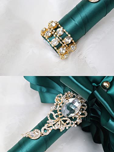 Emerald Green Bridal Wedding Bouquet Luxury Gold Rhinestone Brooch Bouquet for Bride Bridesmaid Quinceanera Satin Rose Artificial Flower Bouquet Wedding Emerald Green 7.1in - color: Dark Green, size: Diameter: 7.1 inches