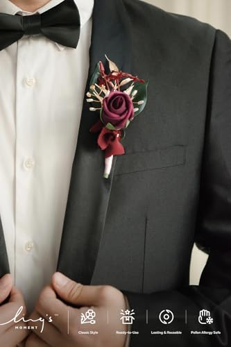 Ling's moment Boutonniere for Men, 6pcs Groom Groomsmen Boutonniere, Artificial Flowers for Wedding Decor/Prom/Homecoming, etc.Marsala Dusty Rose - color: Pk-marsala & Dusty Rose