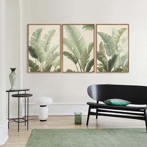 Rantodecor Sage Green Framed Canvas Wall Art, Minimalist Tropical Leaf Wall Decor, Boho Beige Nature Leaf Art Paintings, Bohemian Triple Panel Plant Artwork for Bedroom Living Room Office 24"x36"x3 - color: Sage Green Leaf, size: 36"x24"