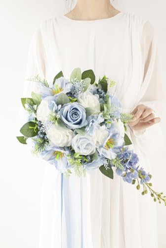 12 Inch Cascade Wedding Bouquets for Bride, Dusty Blue & White Cascading Bridal Bouquet for Wedding Silk Artificial Flowers - color: Dusty Blue & White