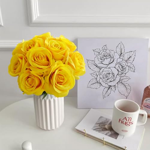 10 Pcs Yellow Rose Artificial Flower, Faux Silk Flowers With Long Stems, Fake Roses Bulk Bouquet for Decoration Valentine's Day Centerpieces Proposal Bridal Bouquets Shower Party Home Floral Decor - color: Yellow