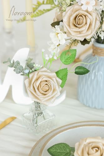 Floroom Artificial Flowers 25pcs Real Looking Champagne Gold Foam Fake Roses with Stems for DIY Wedding Bouquets Bridal Shower Centerpieces Floral Arrangements Party Tables Home Decorations - color: Champagne Gold Rose, size: 25Pcs