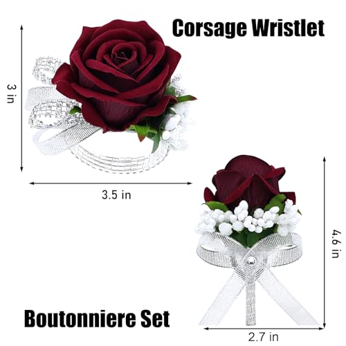 2Pcs Burgundy Rose Corsage and Boutonniere Set, Artificial Wrist Corsage Wristlet Bracelets, Men Boutonniere for Wedding Party Formal Dinner Flowers Accessories Prom Decorations - color: Burgundy