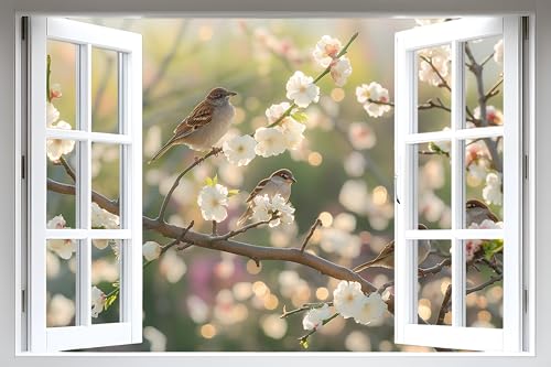 AMAZING WALL Fake Window wall Sticker Spring Blossom Birds Illusion Peel-on Adhesive Vinyl Mural Removable Floral Garden Frame Decor Pastel Songbird Nature Decoration Bedroom playroom,16x24in/1PCS - color: Blossom Birds Spring Garden, size: 16x24"/1pcs