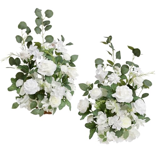 Ling's moment 17.5" Tall Free Standing Artificial Flowers Arrangements 2 pcs Wedding Aisle Runner Chair Decorations White Sage Centerpieces for Ceremony Reception Eucalyptus Rose Floral Party Outdoor - color: Wht- White & Sage