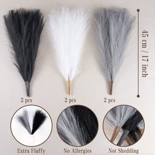 Faux Pampas Grass Decor, 18"/45cm Artificial Pampas Grass Fluffy 6 Stem pompous Flower Arrangement for Boho Home Wedding Decoration (Black,White,Grey) - color: A Black & White & Grey