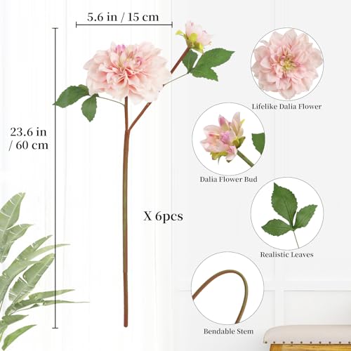 6pcs Dahlia Artificial Flowers Deep Pink Large Fake Dahlia Faux Silk Flowers with Long Stem for Wedding Bouquets Party Baby Shower Floral Arrangements Home Tables Decoration（Deep Pink - color: Deep Pink