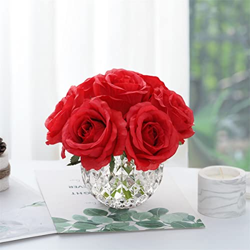 7 Large Stem Rose Red Artificial Flowers in Vase, Silk Flowers Arrangement in Round Glass Vase Without Water for Home Decor, Wedding Table (Red) - color: Red W/O Water