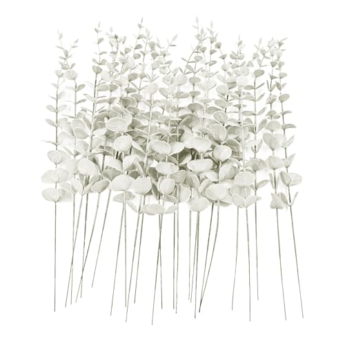 ABAJI 24 PCS Eucalyptus Stems Plastic Vivid Leaf Decorations Artificial Leaves Fake Faux Greenery Plant for Home Office House Table Desk Decor Wedding or Party Vase Forever Live - color: White