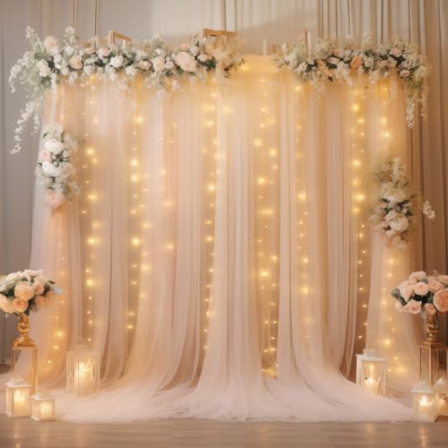 10ft x 8ft Champagne Backdrop Curtain with Lights String for Parties, Sheer Tulle Wedding Photo Backdrops Drapes for Baby Shower Birthday Party Decorations Background for Photography - color: Champagne, size: W5' x H8'(2 panels)