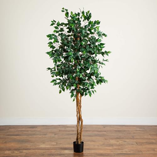 Nearly Natural 74in Artificial Triple Trunk Ficus Tree, Faux Greenery with Natural Wood Trunks for Indoor Home Decor - size: 6ft 2in, style: Tree in Pot
