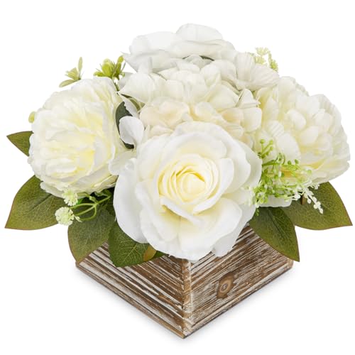 Flower Arrangement with Wooden Vase 8" Artificial Flowers in Pot - Fake Flowers Roses Peonies Hydrangeas in Wooden Vase Potted Artificial Flower Centerpieces for Table Decor Living Room - White - color: 8"h White