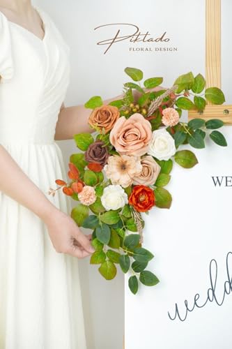 Wedding Decor (Pack of 2) Welcome Sign Flower Backdrop Garland for Ceremony Reception Wall Easel Home Decoration Entryway Faux Outdoor Board Head Table Decor (Orange & Terracotta) - color: Orange & Terracotta