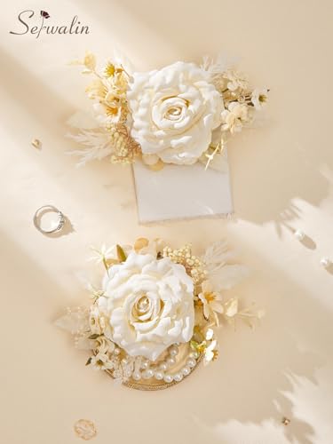 Serwalin 2Pcs Corsage and Boutonniere Set,Champagne Rose Corsage Wristlet and Pocket Boutonniere for Prom Wedding Homecoming Anniversary Graduation - color: Athens Champagne