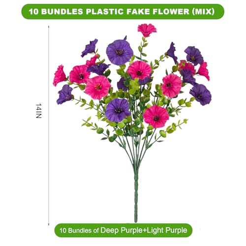 ADXORA 12 Bundles Morning Glory Artificial Flowers for Outdoor Decoration UV Resistant Fake Plastic Plants Artificial Greenery for Indoor Outdoor Garden Patio Window Box Home Decor Spring Summer - color: Purple,dark Purple