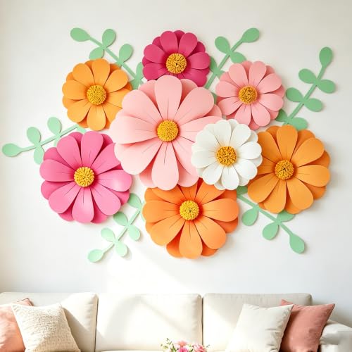 SUNBEAUTY Daisy Paper Flowers Party Decorations, Party Flower Decorations, Orange Yellow Flowers Wall Hanging, 1st Birthday Bridal Baby Shower Wedding Classroom Tea Party Daisy Décor - color: White Pink Daisy