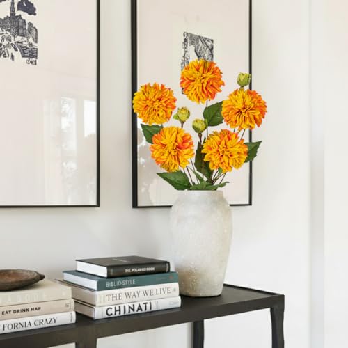 Hollyone Orange Dahlia Artificial Flowers 5Pcs Fake Dahlia Flowers for Decoration Silk Flower with Long Stem 17.7" Floral Arrangements Bouquets Indoors Outdoors Faux Dahlias Centerpieces Home Decor - color: Orange