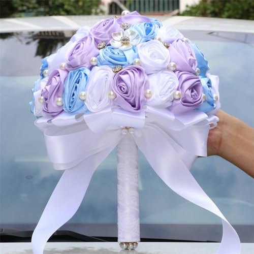 MaxxCloud 8.3‘’ Handmade Romantic Toss Bouquet for Bride Stunning Bridesmaid Brooch Wedding Bouquet with Jewelry Petals Blue Lavender and Ivory - color: Blue+lavender+ivory, size: 8.3''/21cm