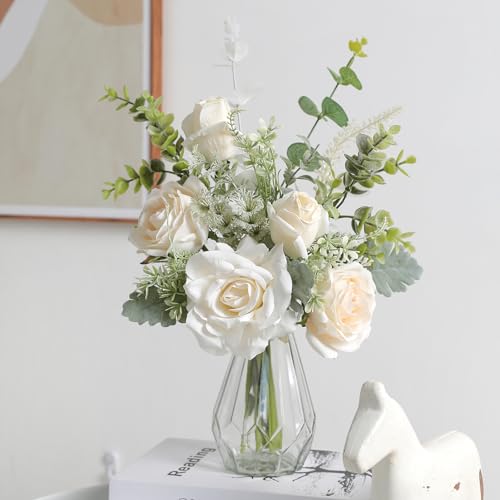 Artificial Flowers with Vase,White Silk Roses and Fake Plant Eucalyptus in Vase,Faux Flower Arrangement with Vase Suitable for Home Office Decoration, Living Room and Dining Table Centerpiece - color: White-1