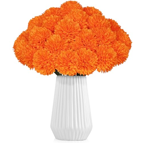 36 Pcs Artificial Chrysanthemums Flowers,Marigold Flower Fall Fake Flowers Orange Silk Mums Bouquet Decor Faux Ball Flowers for Autumn Day of Home Decor Indoor Wedding Table Centerpiece (Orange) - color: Orange