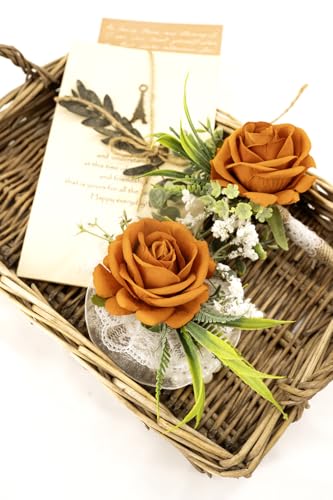 Ansofi Burnt Orange Corsage and Boutonniere Set Artificial Rose Flower Wrist Corsage and Boutineers for Groom Groomsmen Bride Bridesmaids Prom Rustic Vintage Wedding Decor - color: Burnt Orange