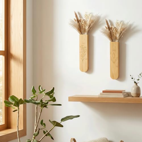 Wood Wall Vase Set of 2, 11.6 x 2.52 x 1.37 Inch for Dried Flowers and Faux Greenery Plants for Bathroom, Kitchen, Farmhouse, Dining Room Wall Decor (Natural) - color: Natural