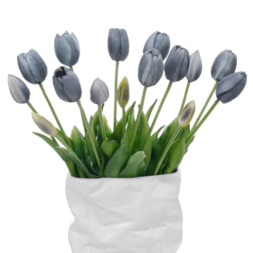 15 Pcs Fall Blue Artificial Tulips Fake Flowers, Premium Latex Lifelike Texture, UV Resistant Waterproof Faux Tulip Bouquets with Snap-on Petals for Outdoor, Home, Wedding Decor - color: Autumu Blue
