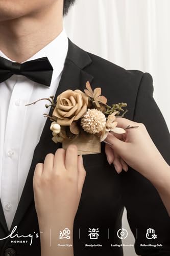 Ling's moment Pocket Boutonniere Single, Boutonniere for Men Groom for Wedding, Prom, Homecoming, Anniversary, Graduation, etc.Sand Beige Gold Sparrow - color: Brn-sand Beige & Gold Sparrow, size: 6" W x 5" H