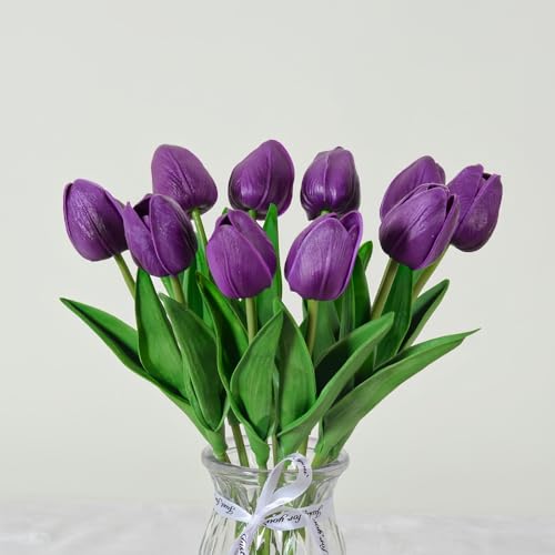 Artificial Flowers Tulips Fake Flowers Real Touch Latex Tulips Faux Flowers Bouquet for Wedding Party Arrangements Home Decor and Baby Shower Centerpieces (10, Purple) - color: Purple